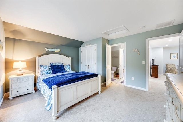 31 Fox Holw, Plymouth, MA 02360 - bedroom with attic access, light colored carpet, baseboards, and ensuite bath