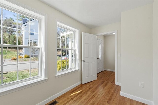 interior space featuring light wood-type flooring, baseboards, and multiple windows