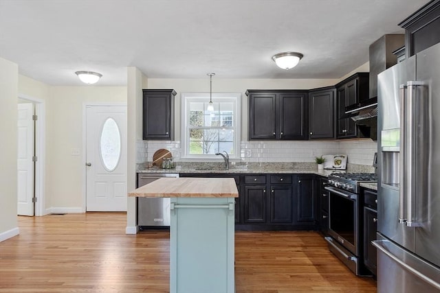 kitchen with wood counters, light wood-style flooring, stainless steel appliances, and a sink