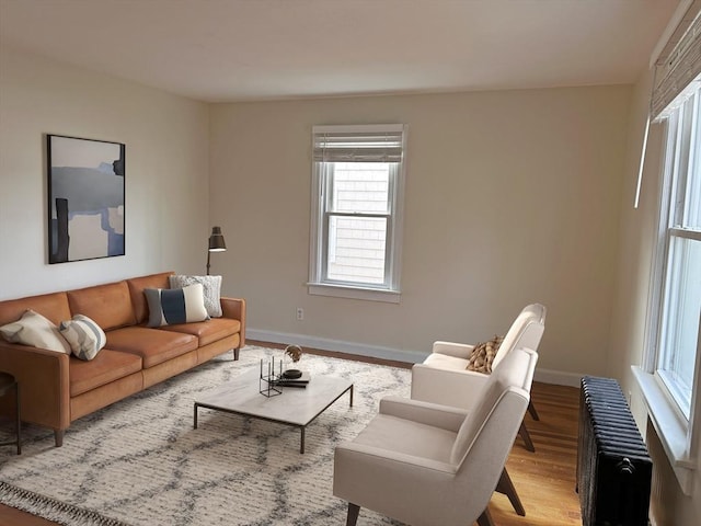 living room featuring radiator heating unit and light hardwood / wood-style flooring