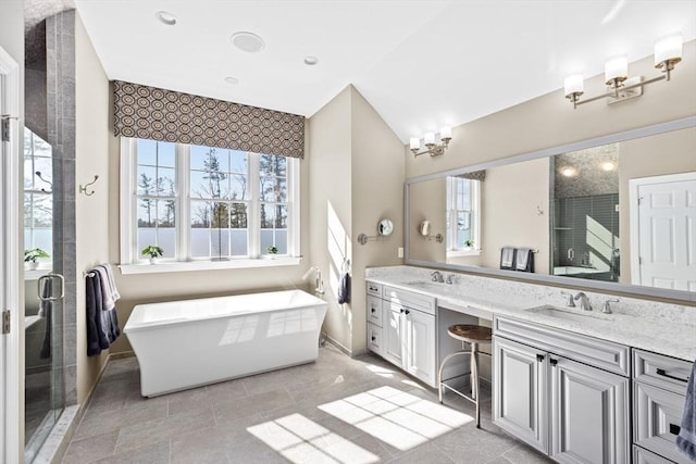 bathroom featuring double vanity, a freestanding tub, a stall shower, and a sink