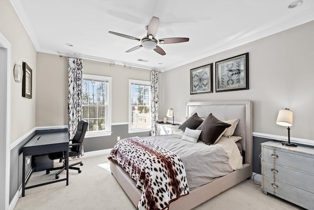 bedroom featuring visible vents, baseboards, ceiling fan, light carpet, and crown molding