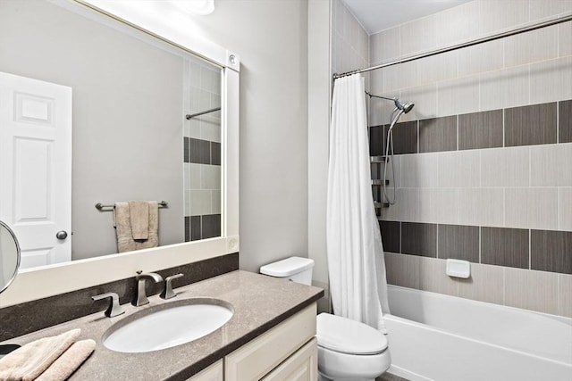 bathroom with vanity, toilet, and shower / bath combo with shower curtain