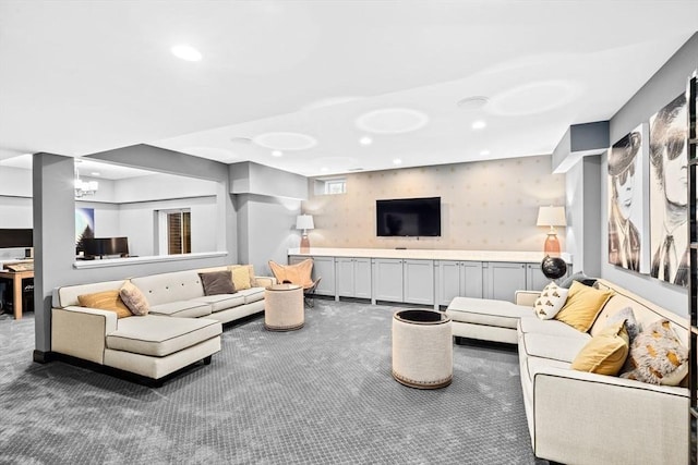 living room featuring recessed lighting, wallpapered walls, and carpet floors