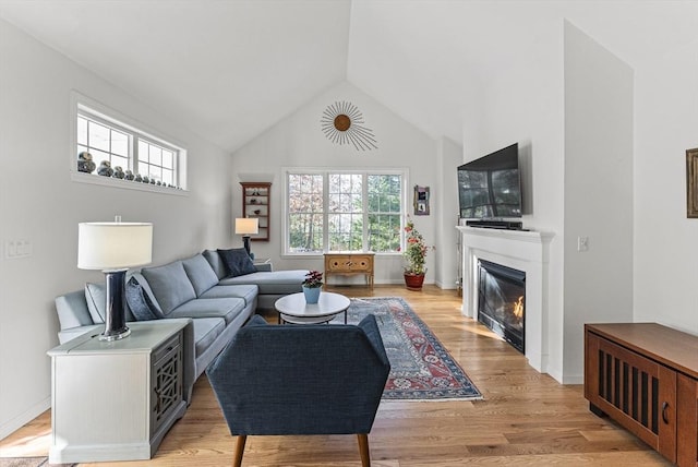 living room with lofted ceiling and light wood-type flooring