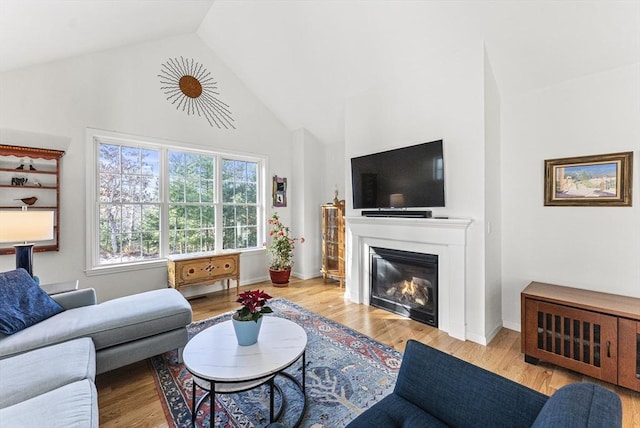 living room featuring lofted ceiling and light hardwood / wood-style flooring