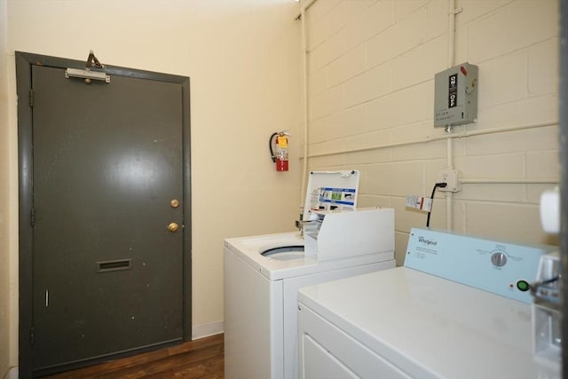 laundry room featuring independent washer and dryer, dark wood-style flooring, and laundry area