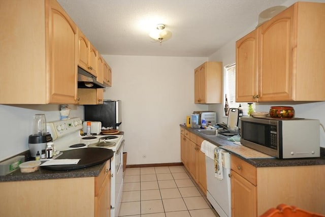 kitchen with under cabinet range hood, light brown cabinetry, dark countertops, and stainless steel appliances