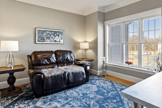 living room featuring crown molding, baseboards, and wood finished floors