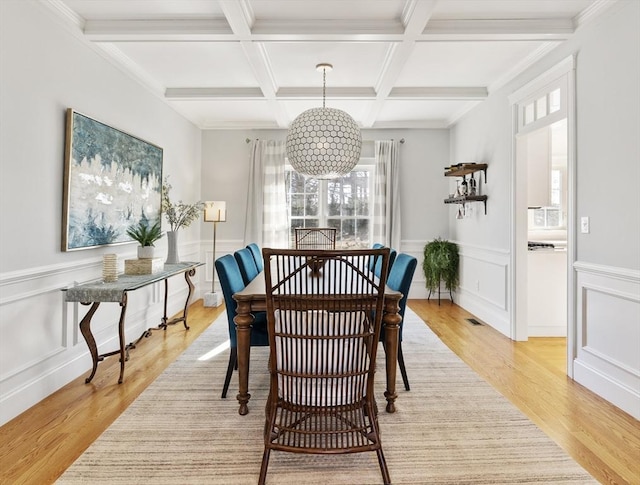 dining area featuring beamed ceiling, light wood-style floors, coffered ceiling, and wainscoting