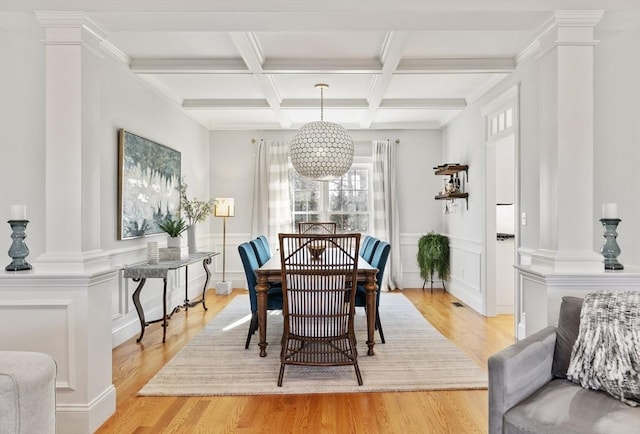 dining area with light wood-type flooring, beamed ceiling, coffered ceiling, and wainscoting