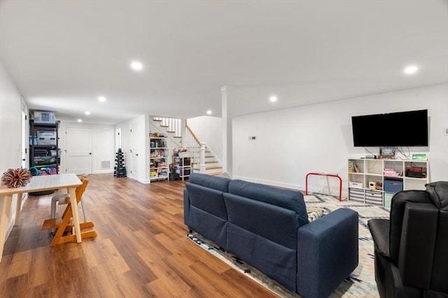 21 Pembrook Rd, North Andover, MA 01845 - living room with stairs, wood finished floors, and recessed lighting