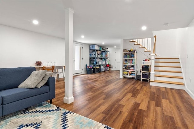 21 Pembrook Rd, North Andover, MA 01845 - living room with stairway, wood finished floors, and recessed lighting