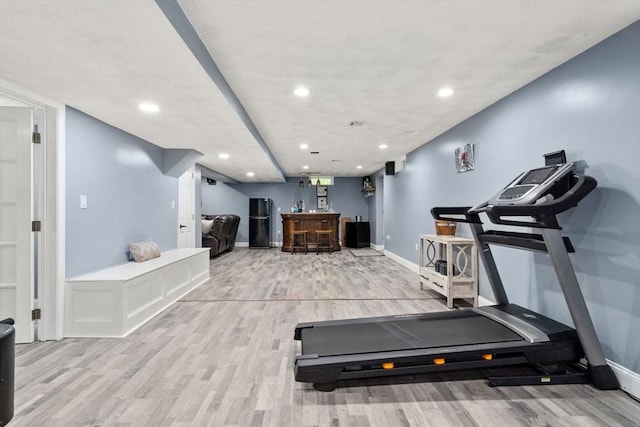 10 Primrose Ln, Westborough, MA 01581 - workout area featuring light wood-type flooring, a dry bar, baseboards, and recessed lighting