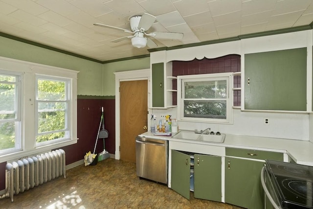 16 Worthen St, West Springfield, MA 01089 - kitchen featuring dishwasher, radiator heating unit, green cabinetry, a ceiling fan, and light countertops