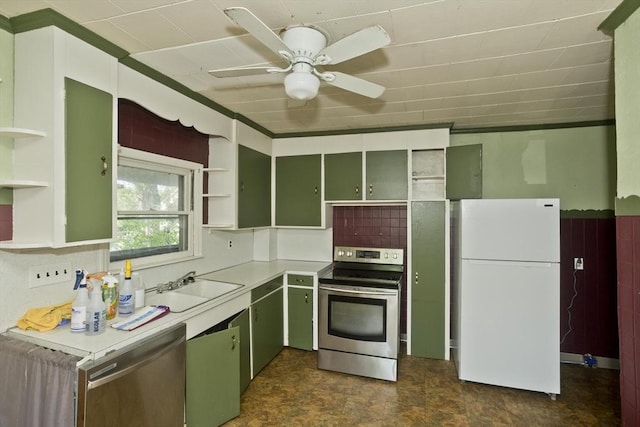16 Worthen St, West Springfield, MA 01089 - kitchen featuring stainless steel appliances, open shelves, green cabinets, and light countertops