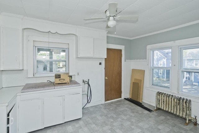16 Worthen St, West Springfield, MA 01089 - kitchen with radiator heating unit, crown molding, light flooring, light countertops, and white cabinets
