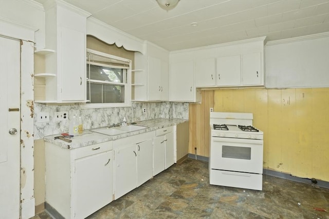 16 Worthen St, West Springfield, MA 01089 - kitchen featuring open shelves, white range with gas stovetop, ornamental molding, light countertops, and white cabinetry