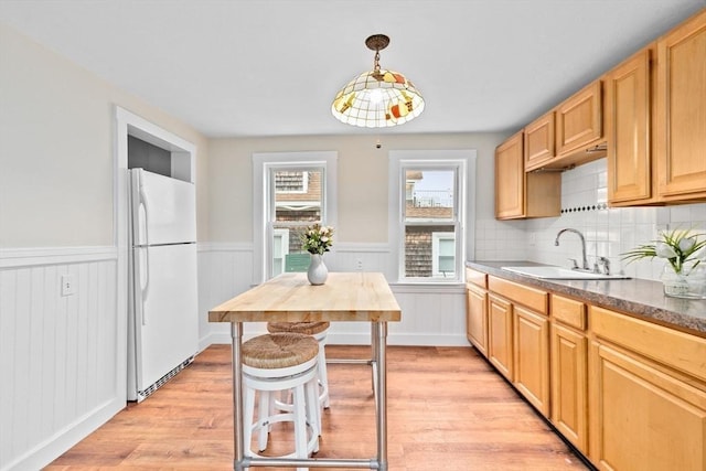 kitchen with a sink, dark countertops, freestanding refrigerator, light wood-style floors, and wainscoting