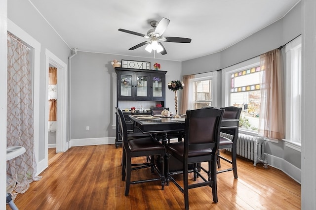 dining room with radiator heating unit, hardwood / wood-style flooring, and ceiling fan