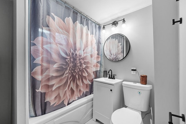 full bathroom with shower / bathtub combination with curtain, vanity, and toilet