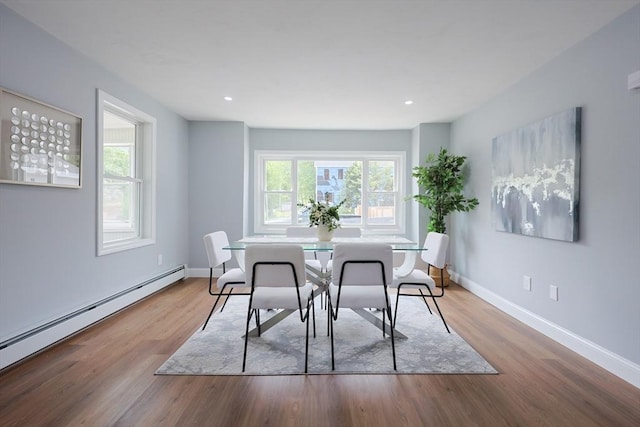 18 Beaumont Rd, Worcester, MA 01604 - dining area featuring a baseboard heating unit, baseboards, wood finished floors, and recessed lighting