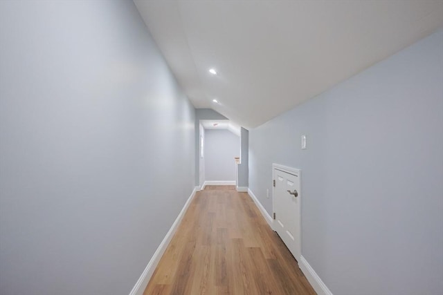 18 Beaumont Rd, Worcester, MA 01604 - hall with light wood-style flooring, baseboards, recessed lighting, and vaulted ceiling