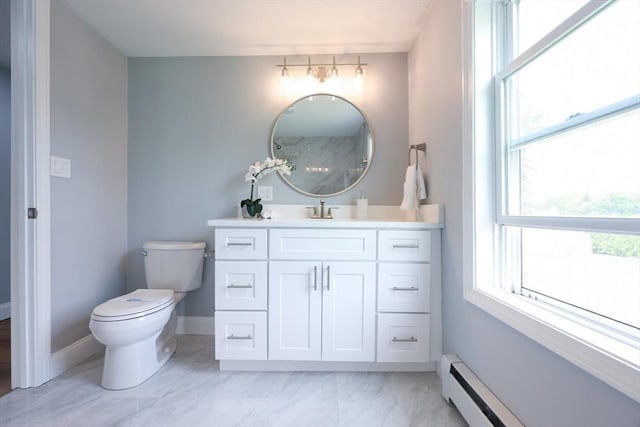18 Beaumont Rd, Worcester, MA 01604 - bathroom featuring vanity, toilet, baseboards, a baseboard radiator, and marble finish flooring