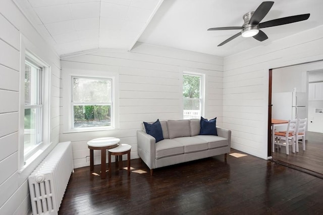 147 Fairmount Ave, Lynn, MA 01905 - sitting room featuring radiator heating unit, hardwood / wood-style flooring, wood walls, a ceiling fan, and vaulted ceiling