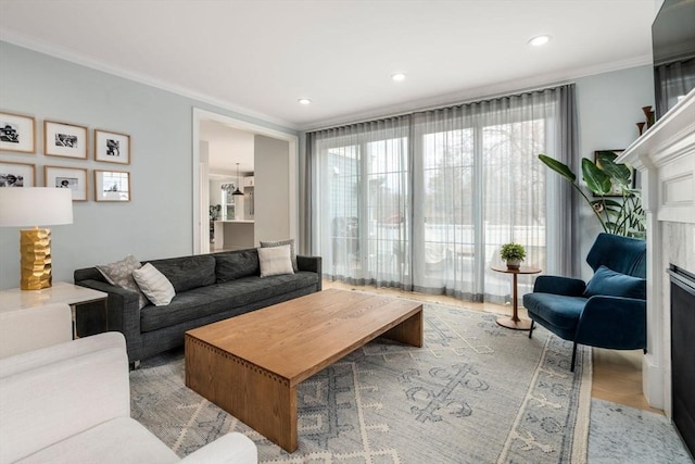 living area with recessed lighting, a fireplace, crown molding, and wood finished floors