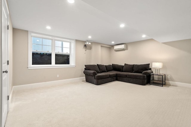 carpeted living room featuring recessed lighting, baseboards, and a wall mounted air conditioner