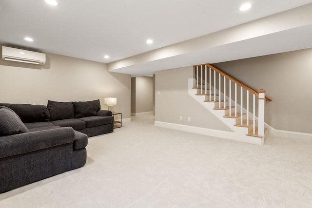 living area with recessed lighting, light colored carpet, and a wall unit AC