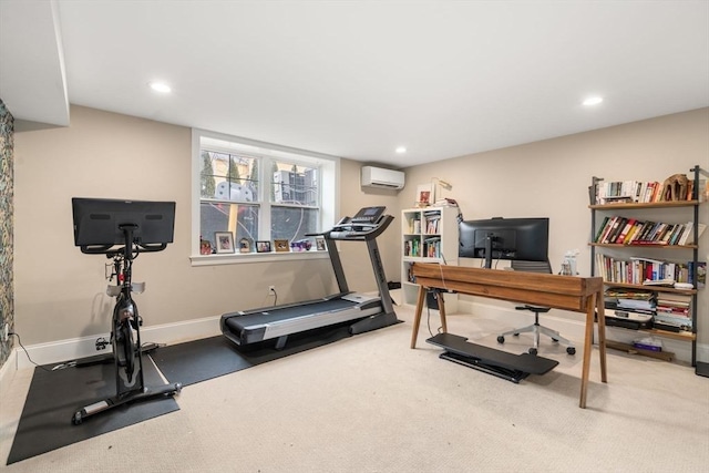 exercise area featuring recessed lighting, carpet, a wall mounted AC, and baseboards