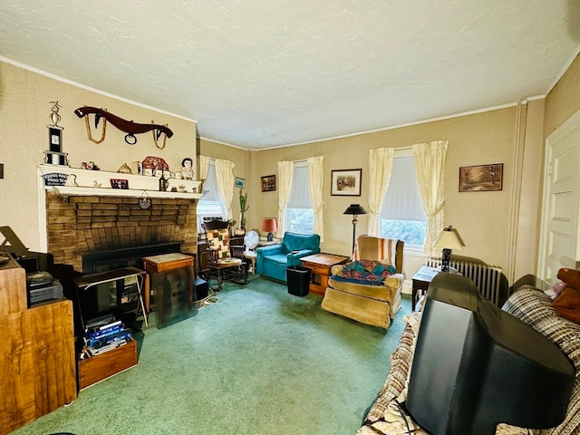 living room with carpet, a fireplace, and a textured ceiling