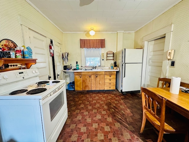 kitchen featuring ornamental molding, sink, and white appliances