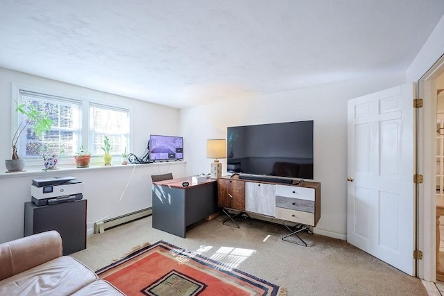 living area featuring light carpet and a baseboard radiator