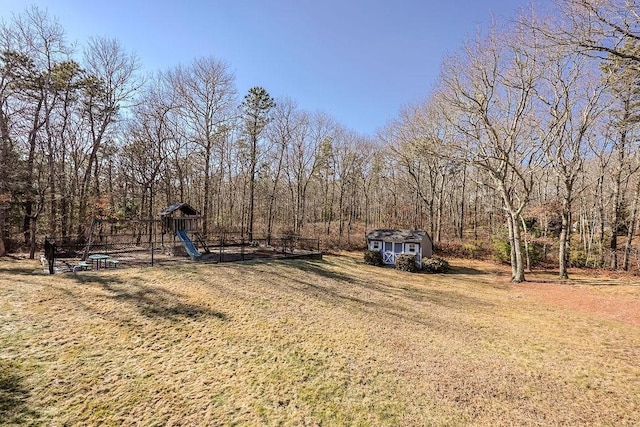 view of yard with an outbuilding, a shed, and a playground