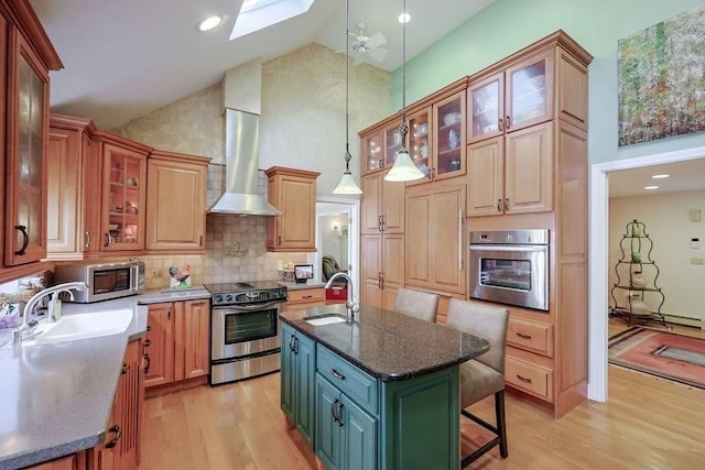 kitchen with wall chimney range hood, appliances with stainless steel finishes, light wood-style floors, and a sink