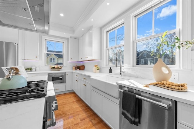 kitchen featuring ventilation hood, sink, light wood-type flooring, appliances with stainless steel finishes, and white cabinetry