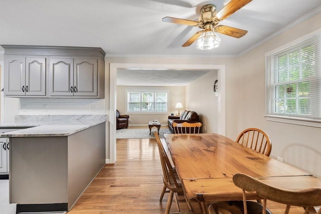 dining room with light wood-style floors, a ceiling fan, and ornamental molding