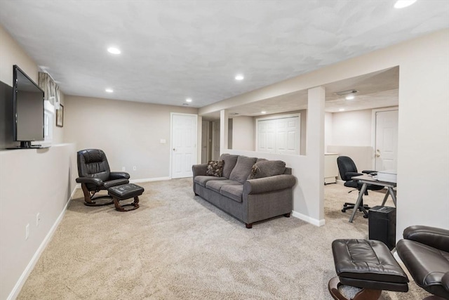 living room featuring light carpet, baseboards, and recessed lighting