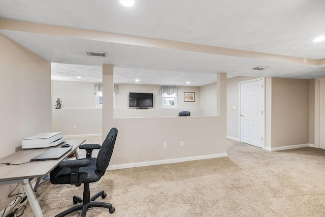 office with carpet flooring, baseboards, and recessed lighting