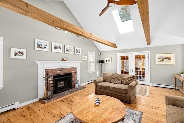 living room featuring a fireplace, lofted ceiling with beams, french doors, and baseboard heating