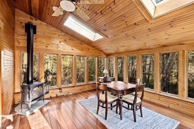 sunroom / solarium with ceiling fan, wooden ceiling, vaulted ceiling with skylight, and a wood stove