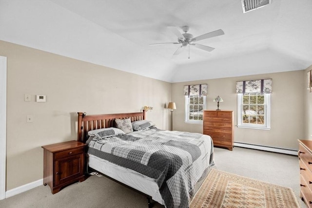 bedroom with ceiling fan, a baseboard radiator, lofted ceiling, and light carpet