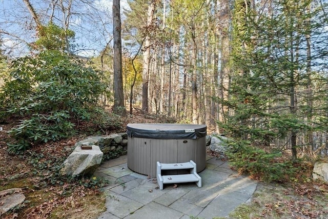 view of patio / terrace with a hot tub