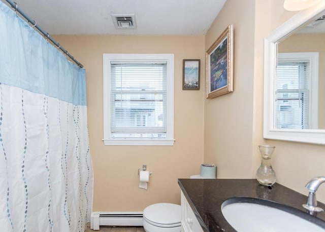 140 College Farm Rd, Waltham, MA 02451 - bathroom featuring a baseboard radiator, vanity, toilet, baseboards, and a shower with curtain