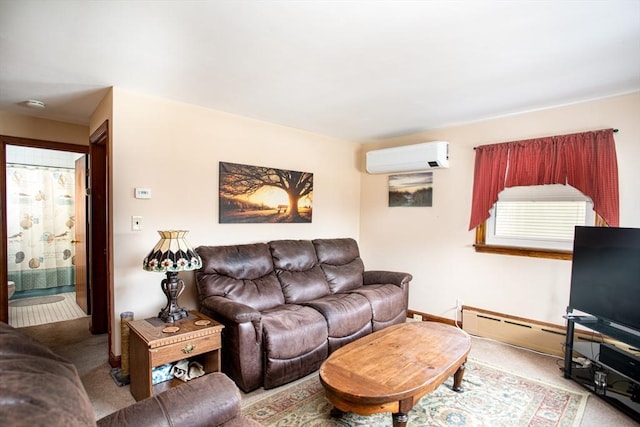 living room featuring carpet floors, a wall mounted air conditioner, and baseboard heating