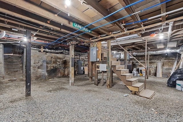 unfinished basement with water heater and electric panel