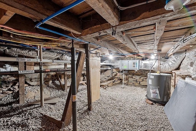 unfinished below grade area with gas water heater and electric panel